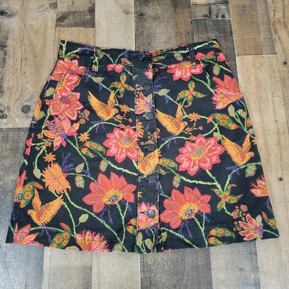 FARM Rio Dresses & Skirts - Farm Rio Anthropologie Quilted Mini Skirt Small Black Pink Floral Birds Boho